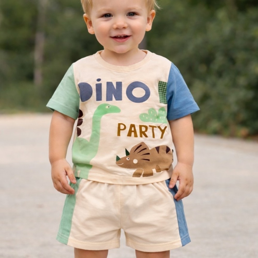 NEW Todlers Boy's Dinosaur Party‎ Shirt/Short Set 18-24 Months Beige #0788